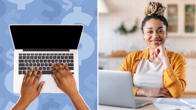A split image of two hands working on a laptop against a background full of dollar signs next to an image of a person happily sitting at their laptop at home.