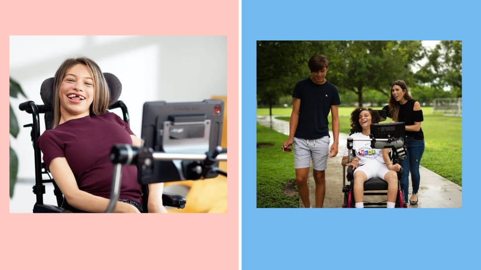 a side by side of a young girl and a woman sitting in wheelchairs using AAC devices