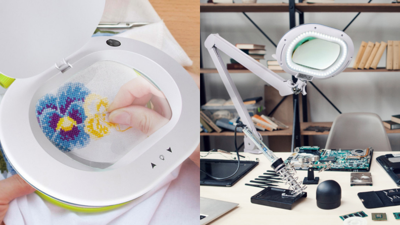 A magnifying reading lamp zooms in on embroidery.