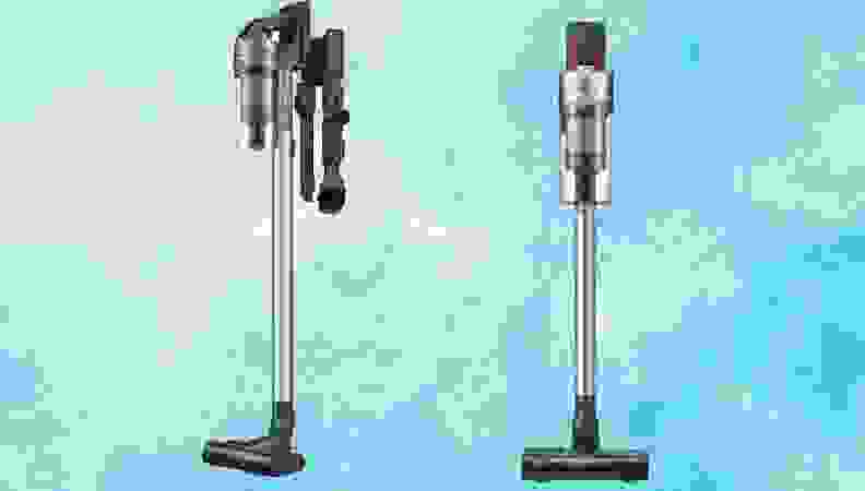 Two Samsung Jet vacuums next to each other on a light blue background.