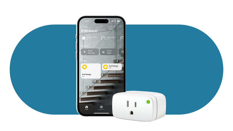 The Eve Energy Smart Plug next to a Smart Phone on a blue background.