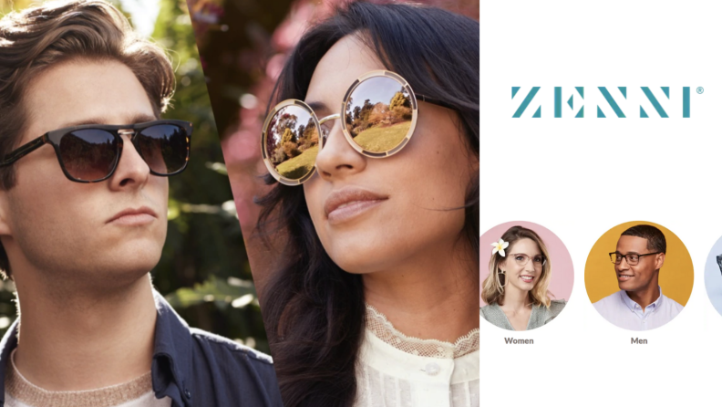 Two photos of people wearing sunglasses beside the Zenni logo and several pop up circles with more people wearing glasses within them.