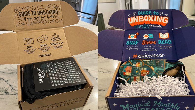 An image of an opened OwlCrate box with the objects inside partially revealed, next to an image of an OwlCrate Jr. box open to reveal paper shreds and a water bottle holder with travel illustrations on it.