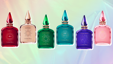 Collage of six Charlotte Tilbury perfumes from the Fragrance Collection of Emotions line against a rainbow-colored background.