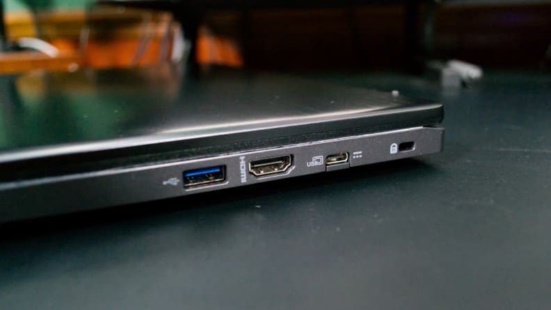 A close up of a laptop's connectivity ports.