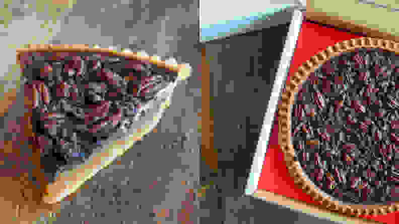 Left: slice of pecan pie. Right: open box revealing full pecan pie