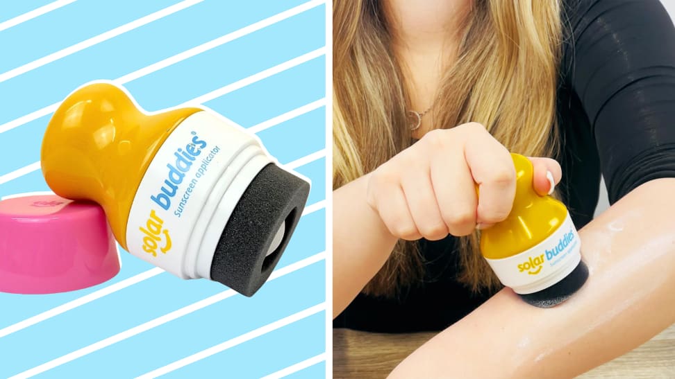 A Solar Buddies Sunscreen Applicator on the left and a woman applying Solar Buddies to her arm on the right.