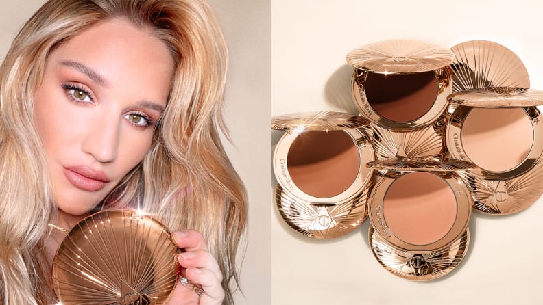 On the left: A person staring at the camera and holding the Charlotte Tilbury Airbrush Matte Bronzer. On the right: Four colors of the Charlotte Tilbury Airbrush Matte Bronzer on a cream background with the packaging open.