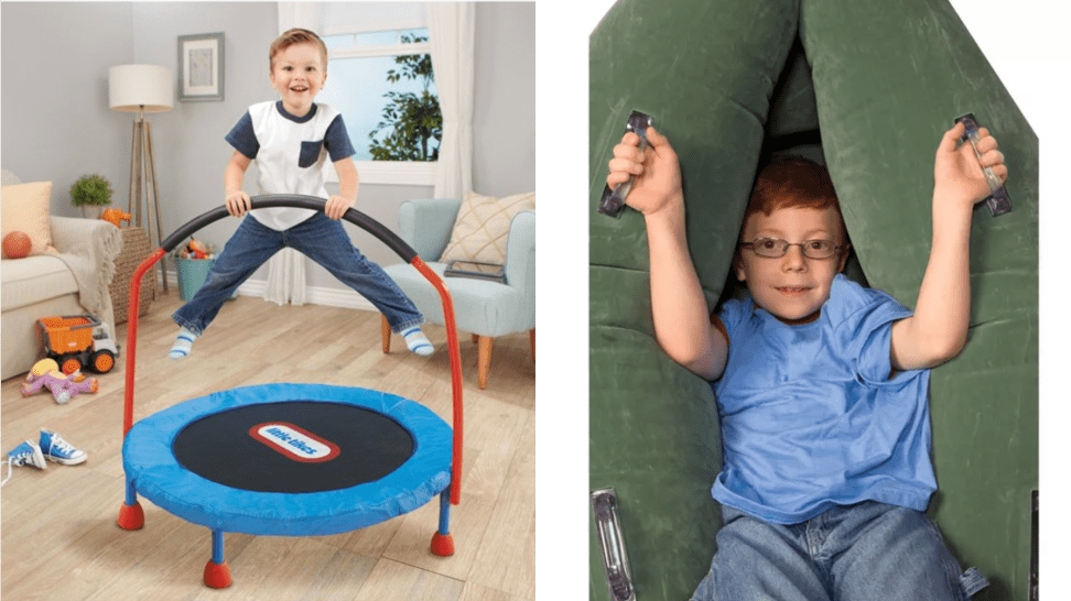 Little boy jumping on trampoline and a boy in an inflatable peapod