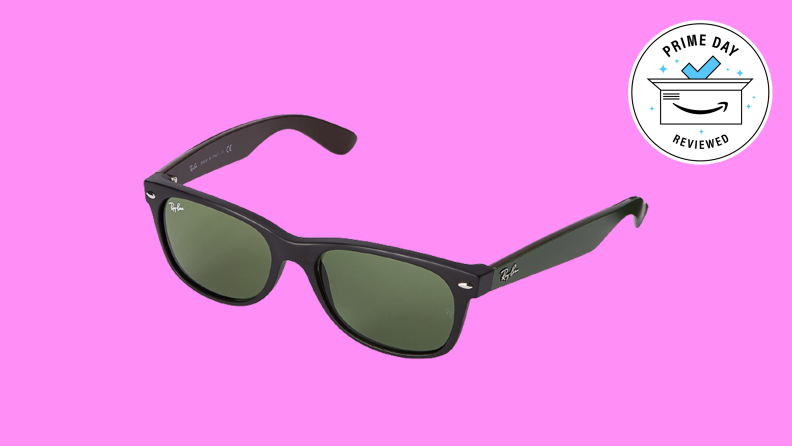 Black sunglasses that are a wayfarer style.