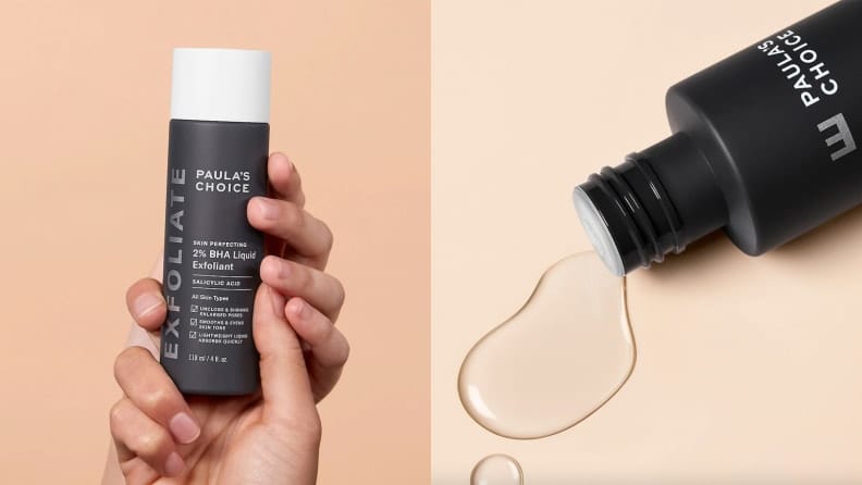 Left: Person holding Paula's Choice bottle; Right: Spilled bottle of Paula's Choice