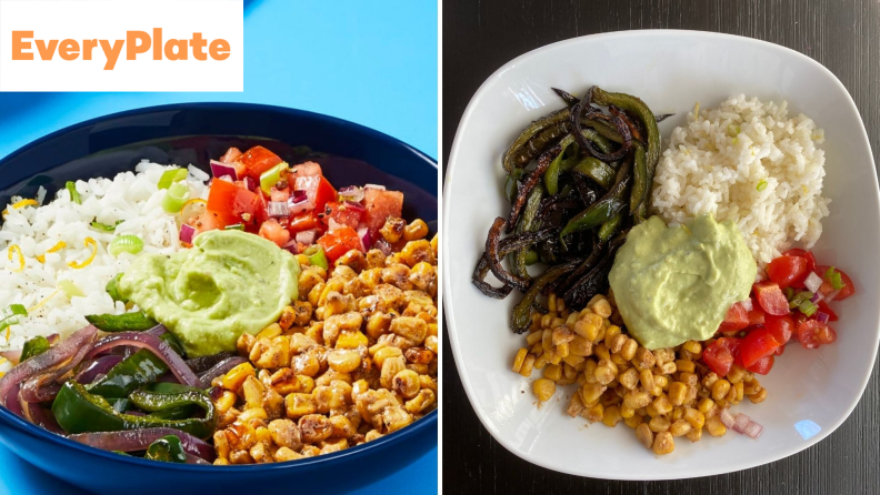 A professional and tester's side-by-side photos of a Mexican-inspired rice and veggie bowl