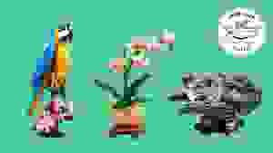 Three different LEGO playsets on a green background