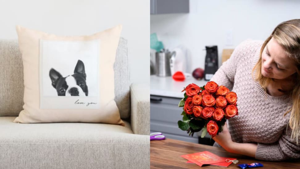 A photo of a French bulldog on a custom pillow next to a photo of a woman holding a bouquet of red flowers