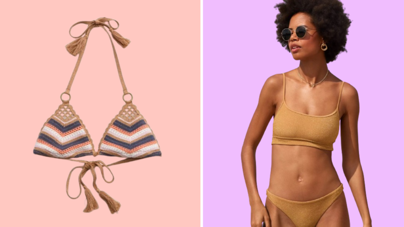 A crocheted bikini top, and also a model wearing a tan bikini.