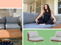 A woman sitting on Outer Furniture outside, with photos of Outer Furniture side-by-side, with green and peach backgrounds.