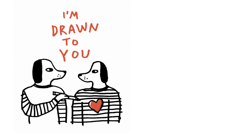 A mostly black-and-white greeting card features an illustration of two anthropomorphic cartoon dogs. One has drawn a red heart on the other's shirt. 