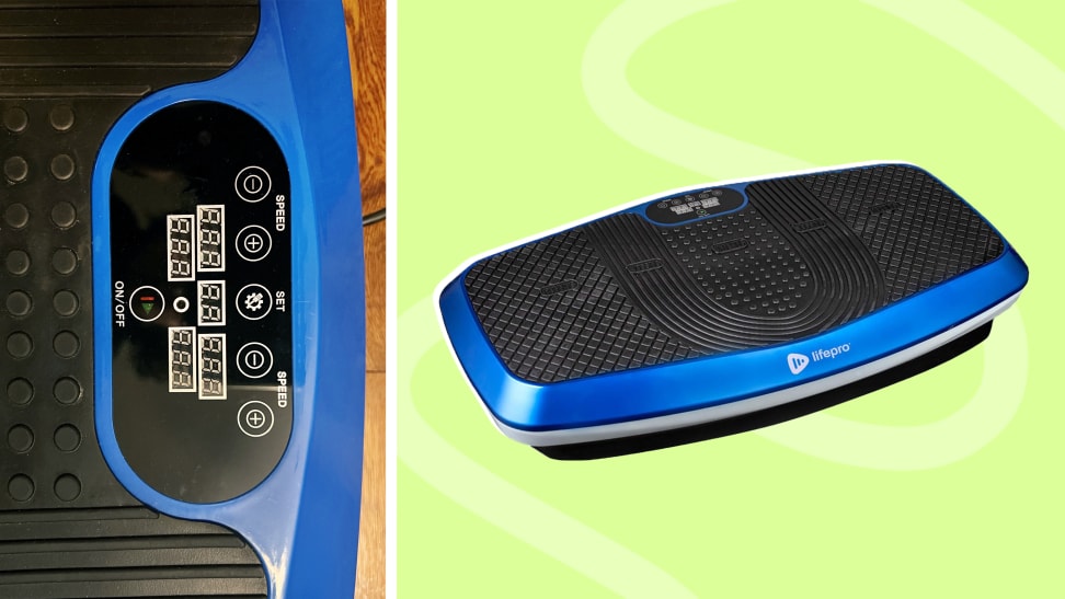 Photo collage of the Lifepro Hovert 3D Vibration Plate. On left, a close up of the settings panel. On right, a full product shot of the Lifepro Hovert 3D Vibration Plate.