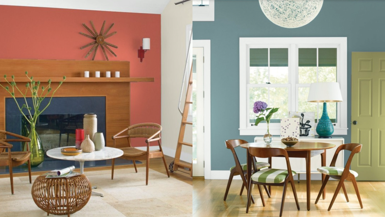 Benjamin Moore's color of the year is Aegean Teal 2136-40 (at right), and it pairs well with companion colors like Rosy Peach 2089-20 (at left).