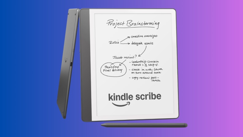 A Kindle e-reader sits on a blue and purple background