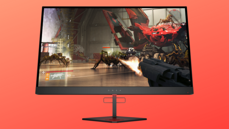 Omen monitor on a red background