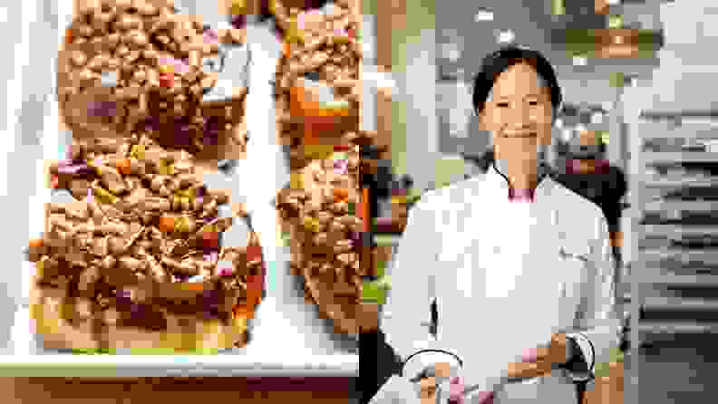 Left: a pan of pecan-topped sticky buns. Right: Joanne Chang in a bakery kitchen