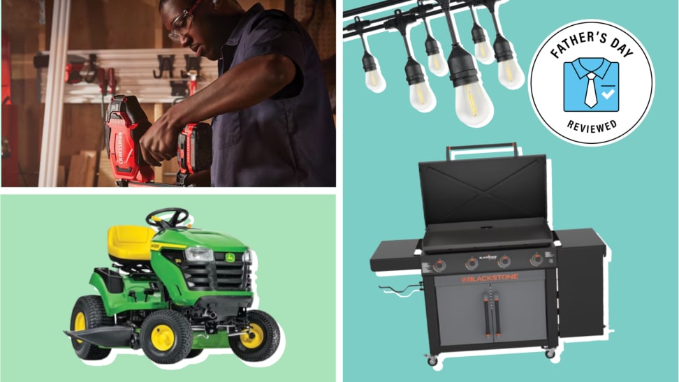 A collage of discounted items available at Lowe's including a John Deere lawn mower, a Blackstone grill, and more