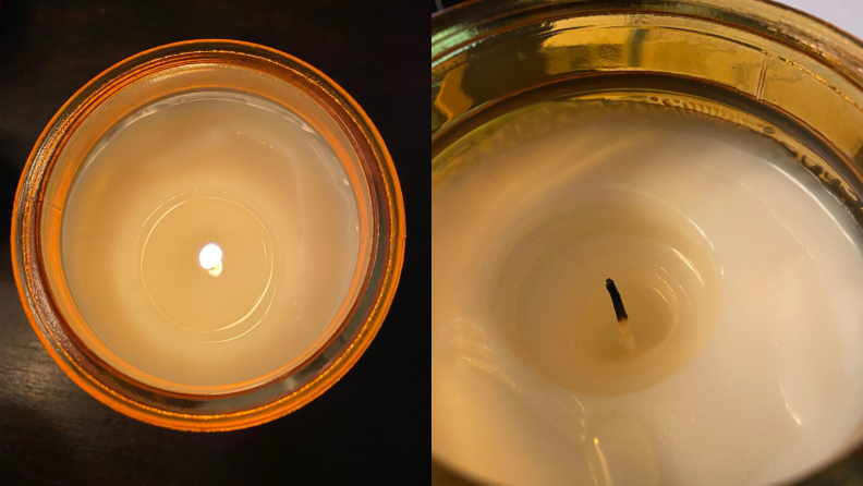 On left, burning flame in candle jar. On right, wax candle in glass jar.