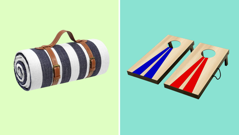 Side-by-side image of an extra-large sapsisel picnic blanket in brown and white stripes and a GoSports 2-by-1-foot portable cornhole game piece set.