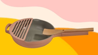 Pink Always Pan with Fry Deck attached on pink, yellow, and orange background.