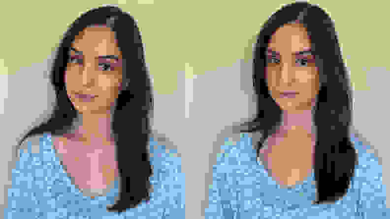 Writer Sara Miranda in a dual image; on the left, with bronzer not yet rubbed in to her face; on the right, with bronzer not yet rubbed into her face; on the right, with the contouring already complete.