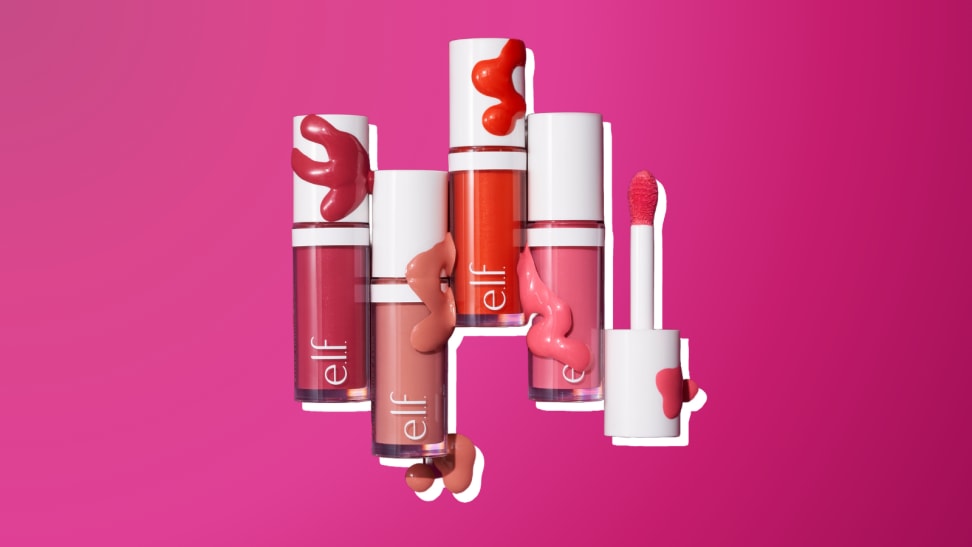 Four E.L.F. Cosmetics Camo Liquid Blushes against a magenta background.