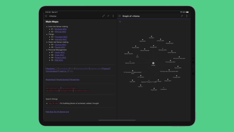 Obsidian program interface against a green background.