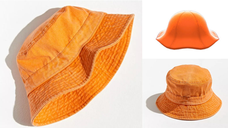 Three images of a similar orange bucket hat.