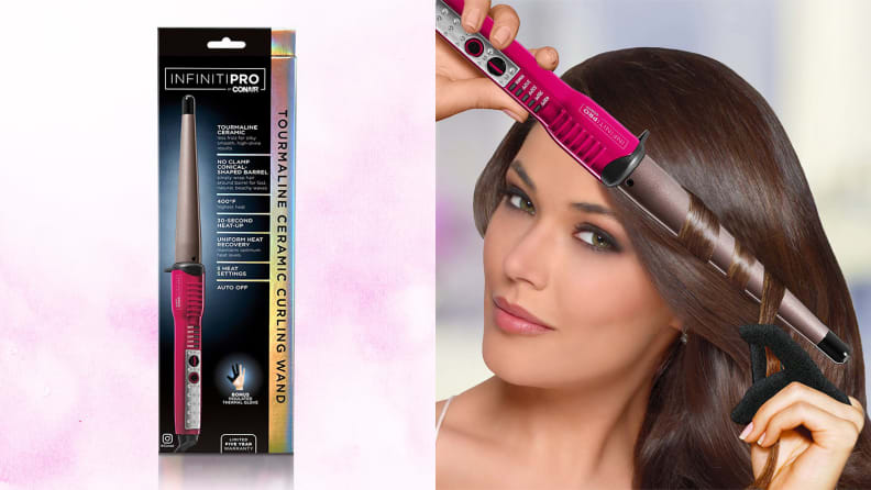 On the left: The Conair Infinitipro Tourmaline Ceramic Curling Wand sits in its packaging on a pink and white background. On the right: A person with long brown hair wraps a section of hair around the Infinitipro Tourmaline Ceramic Curling Wand.