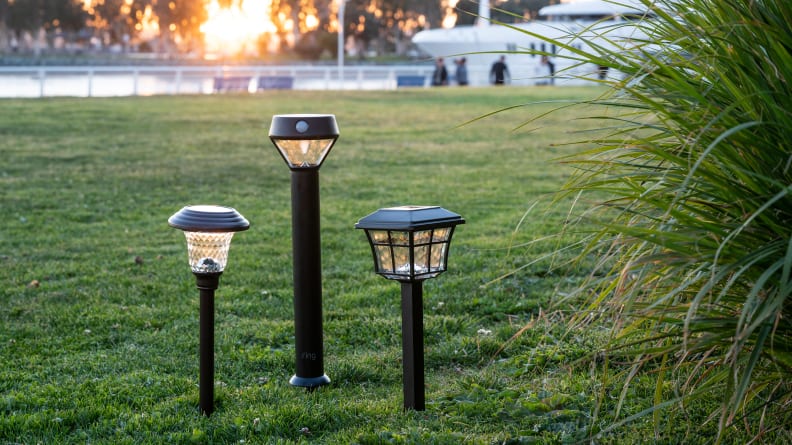 Three outdoor solar lights staked in grass at a park during daylight hours.