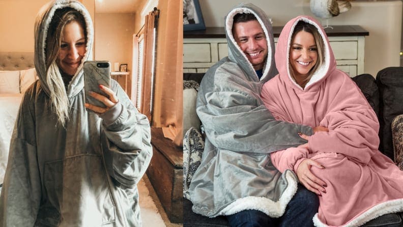Three people wear The Comfy, a plush blanket sweater.