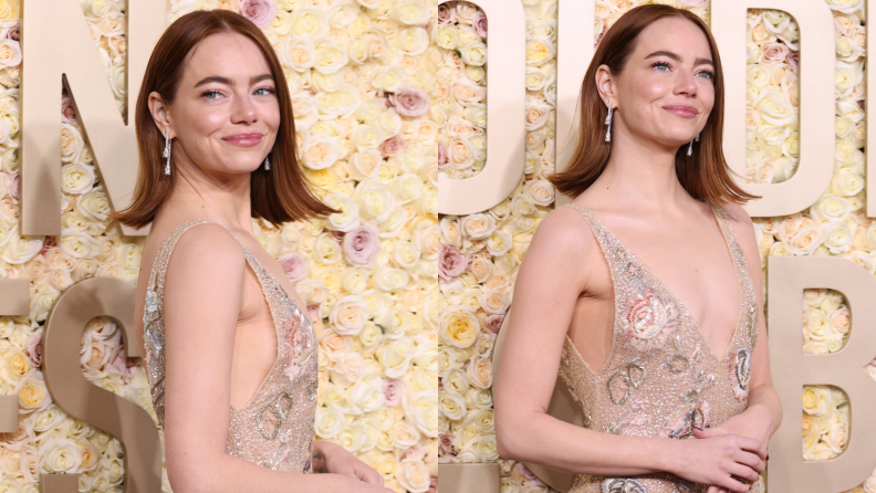 Emma Stone wearing a beige-colored gown to the 2024 Golden Globes.