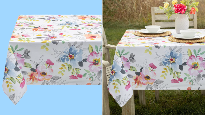Product shot of floral, multi-colored printed tablecloth.