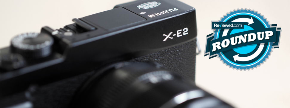 A close-up image of the Fujifilm X-E1 with the Reviewed.com Weekly Roundup photo.