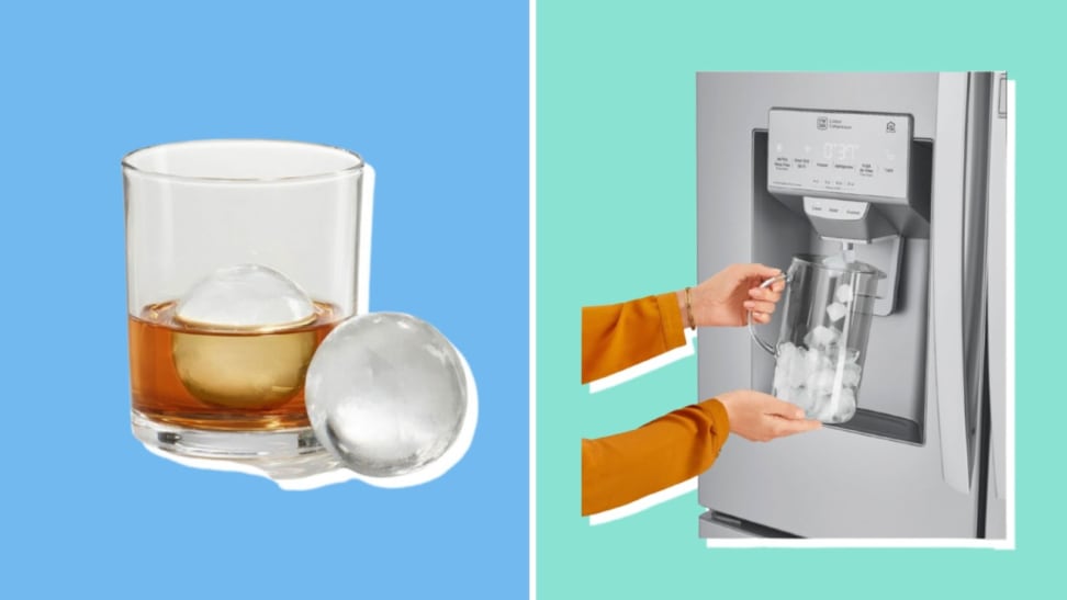 On left, brown liquid with circular ice inside of short glass. On right, person using ice dispenser on fridge door to distribute ice into glass pitcher.