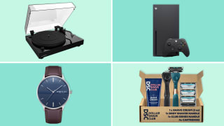 A selection of the best gifts for husbands including Fluance turntable, Xbox Series X, Kenneth Cole watch, and Dollar Shave Club kit on teal and light green background.