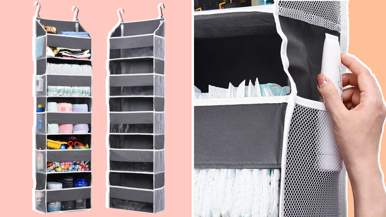 On left, product shot of the ULG over-the-door organizers. On right, person sliding a bottled moisturizer into the side compartment of an over-the-door organizer.