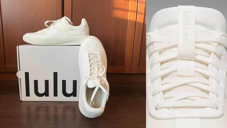 Image of the lululemon Cityverse sneaker resting on the shoebox, and a close-up of the laces.