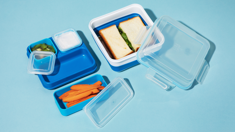 Cool Gear bento box with cold pack compartment, sandwich, and carrot sticks spread out on blue background.