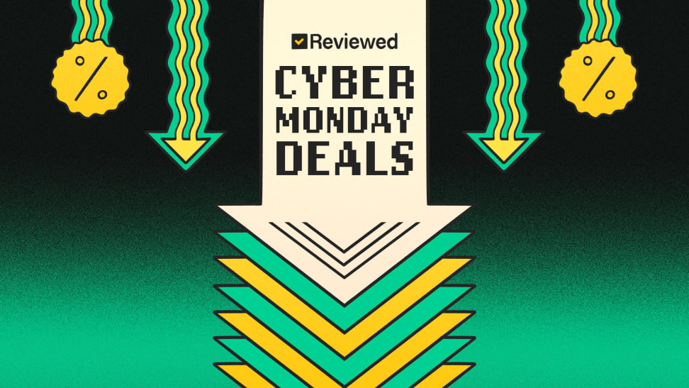 Tracking live Cyber Monday deals in this green cartoon graphic of low prices on Reviewed's favorite discount and sale products