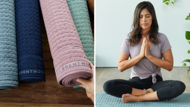 A collage of a woman doing yoga and multiple Avocado yoga mats.