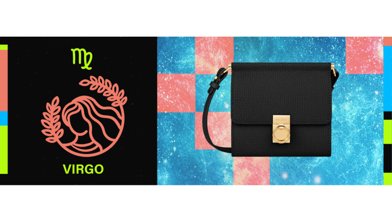 On the left is the symbol for Virgo, and on the right is a black leather crossbody wallet.