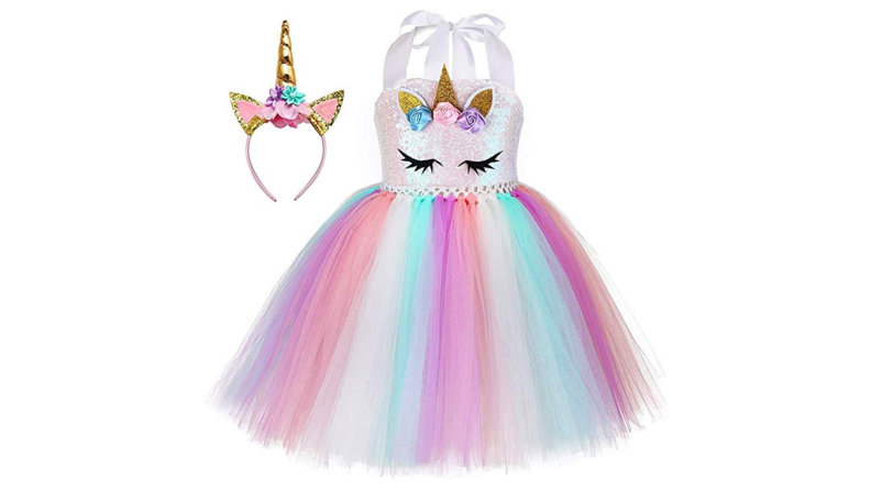 A costume with a frilly pastel tulle skirt and a unicorn headband.