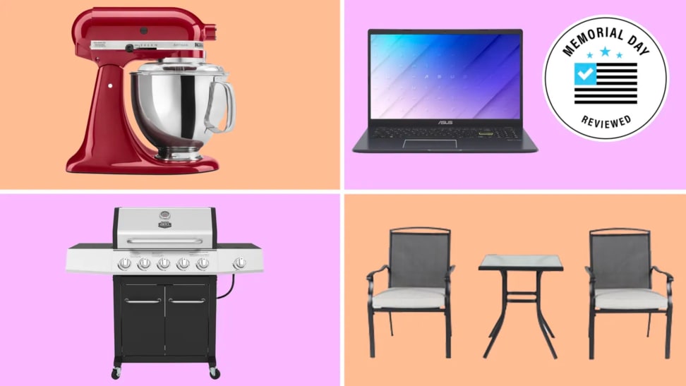 Images of a stand mixer, grill, laptop, and patio furniture against a multicolored background.